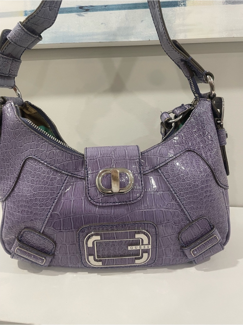 GUESS Purple Croc-Embossed Shoulder Bag